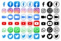 Popular social media icons in different forms, such as: Facebook, Instagram, Zoom, Youtube, WhatsApp, and Twitter. Vector