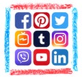 Popular social media icons with pastel hand drawn art frame