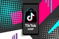 Popular social media logo - Tiktok shop. Seller center printed on white background. E-commerce logo shopping and selling app