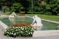 Popular spot for people to stop and take photos while visiting, `Spit & Spat` fountain, Congress Park, Saratoga, NY, 2017