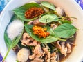 Popular street food in Thailand, Spicy pork noodle that consisted of pork ball, pork meat, basil or thyme, bean sprouts, morning Royalty Free Stock Photo