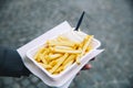 Popular street junk food in Holland Amsterdam is French Fries wi Royalty Free Stock Photo