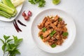 Popular Thai food.Spicy Grilled Pork Salad,grill pork with Charcoal and sliced mixed with lime juice,fish sauce,sugar and chilli Royalty Free Stock Photo