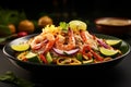 Popular thai seafood salad on black plate with selective focus, isolated pastel background