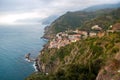 Coast with colorful houses in Corniglia on a rock above the sea Italy, Cinque Terre Royalty Free Stock Photo