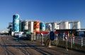 Popular tourist sightseeing attraction of colorful painted silos in sunny blue sky in Wynyard Quarters, Auckland, New Zealand