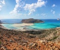 Popular touristic resort, coast of island Crete, Greece. Marvelous landscape of a rocky hill, Balos beach with fantastic sand. Royalty Free Stock Photo