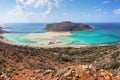 Popular touristic resort, coast of island Crete, Greece. Marvelous landscape of a rocky hill, Balos beach with fantastic sand. Royalty Free Stock Photo