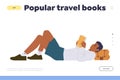 Popular travel books for reading landing page design template for online library archive service