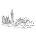 Popular view of busy Parliament Square with Big Ben and double decker bus in front and the London eye behind. Sketch Royalty Free Stock Photo