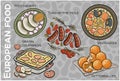 Popular Western & Central European Food Set. Hand-drawn & Vector Royalty Free Stock Photo