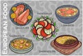 Popular Western & Central European Food Set. Hand-drawn & Vector Royalty Free Stock Photo