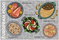 Popular Western & Central European Food Set. Hand-drawn & Vector Royalty Free Stock Photo