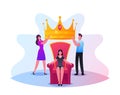 Popularity, Fame Concept. Tiny Male and Female Characters Put Huge Royal Crown on Woman Head Sitting on Throne, Cult