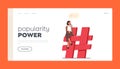 Popularity Power Landing Page Template. Tiny Woman With Smartphone Sitting On Huge Red Hashtag Sign, Vector Illustration