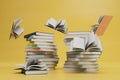 popularity of reading printed editions of books. many books on a yellow background. 3d render Royalty Free Stock Photo