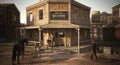 Populated western town saloon with various businesses .