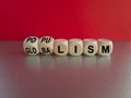 Populism or globalism. Turned cubes and changes word \'globalism\' to \'populism\'.