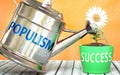 Populism helps achieving success - pictured as word Populism on a watering can to symbolize that Populism makes success grow and