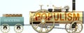 Populism and success - symbolized by a steam car pulling a success wagon loaded with gold bars to show that Populism is essential