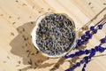 Porcelain bowl with dried lavender. Flower herbal tea drink. Aromatherapy, medicine ingredient. Calming beverage Royalty Free Stock Photo