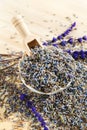 Porcelain bowl with dried lavender. Flower herbal tea drink. Aromatherapy, medicine ingredient. Calming beverage Royalty Free Stock Photo