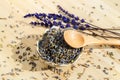Porcelain bowl with dried lavender. Flower herbal tea drink. Aromatherapy, medicine ingredient. Calming beverage Royalty Free Stock Photo