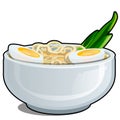 Porcelain bowl with egg noodles and a cut in half chicken eggs and fresh green onions isolated on a white background