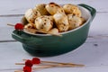 porcelain container with balls of seasoned buffalo mozzarella Royalty Free Stock Photo