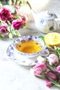 Porcelain cup of herbal green tea, lemon, mint and flowers on light grey background. Royalty Free Stock Photo