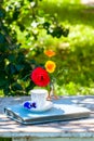 Porcelain cup of tea and beautiful spring flowers in vase on a wooden table in the garden. Summer party. Royalty Free Stock Photo