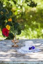 Porcelain cup of tea and beautiful spring flowers in vase on a wooden table in the garden. Summer party. Royalty Free Stock Photo