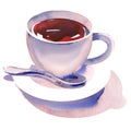 Porcelain cup of tea with teaspoon and saucer, isolated, hot drink, aroma black tea, hand drawn watercolor illustration Royalty Free Stock Photo