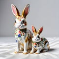 Porcelain figurines cute rabbit. Sculptures made of porcelain and earthenware. Miniature figurines made of ceramics