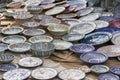 Porcelain, hand-painted dishes of a multitude of colors in a traditional art market Royalty Free Stock Photo