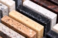 Porcelain multicolored stoneware square long samples as kitchen countertop examples of future kitchen fasade exterior