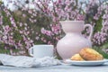 Porcelain pink jug, white cup and bakery on a table of white boards against the background of a flowering bush