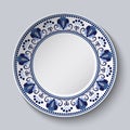 Porcelain plate with a blue decorative border in the style of national flower painting. Ornate floral decor. Realistic 3D decor