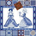 Porcelain set. Blue ceramic tiles collage. Hand-drawn ladies in ball dresses.