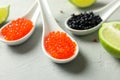 Porcelain spoons with caviar, lime slices and spices Royalty Free Stock Photo