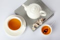 Porcelain tea set on white background