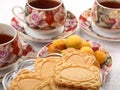 Porcelain teacups with hot tea and with floral pattern, biscuits and plate with wild apricots on a table Royalty Free Stock Photo