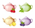 Porcelain teapots with fruits and berries. Vector illustration.