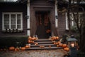 The porch of the beautiful house is adorned with colorful pumpkins and holiday decorations, creating the perfect stage for Royalty Free Stock Photo