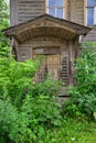 Porch with carvings of old abandoned wooden house, Kimry, Tver Region, Russia