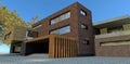 Porch cladding facade board. Three-story brick building. Entrance to the house and garage with automatically lifting gates. 3d