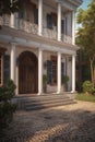 Porch of the house in classic Colonial architectural style with columns