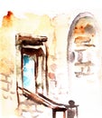 porch in mediterranean city, watercolor travel sketch