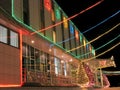 Porch office building close-up. New Year. Decorated Christmas tree with garlands.