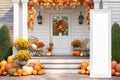 Porch Sign mockup for Thanksgiving design. Festive Home Entrance with Pumpkins and Flowers Royalty Free Stock Photo